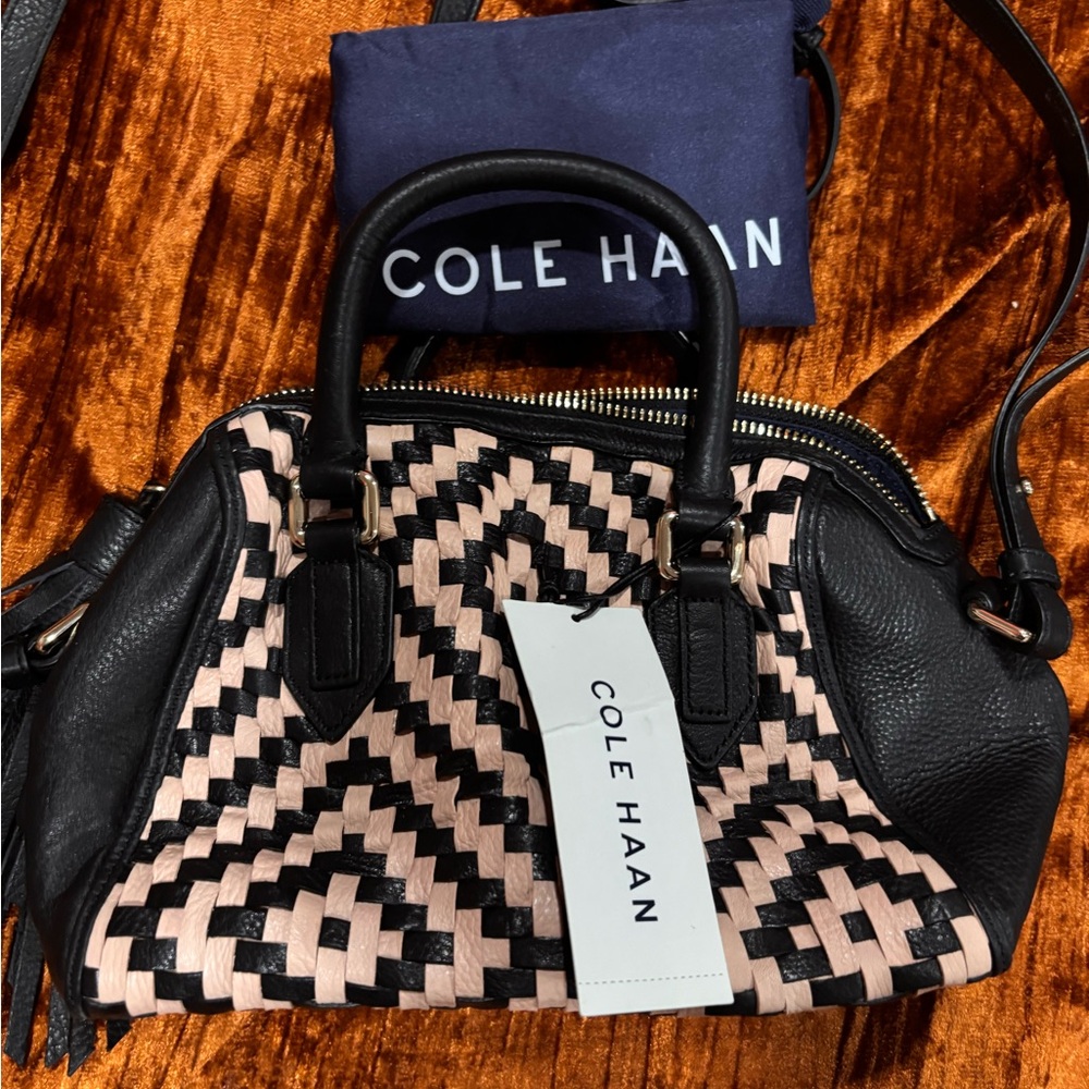 Cole Haan Black and Cream Satchel with Geometric Design
